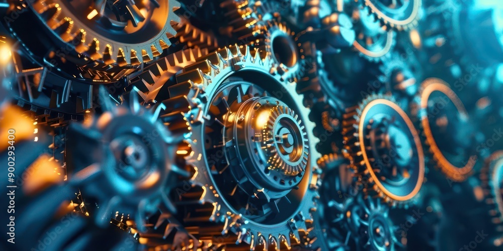 Intricate gears working together, showcasing a blend of technology and artistry with glowing accents and detailed craftsmanship.