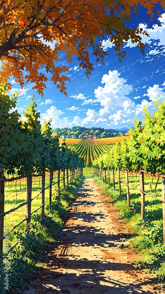 Naklejka premium vineyard rows in autumn anime