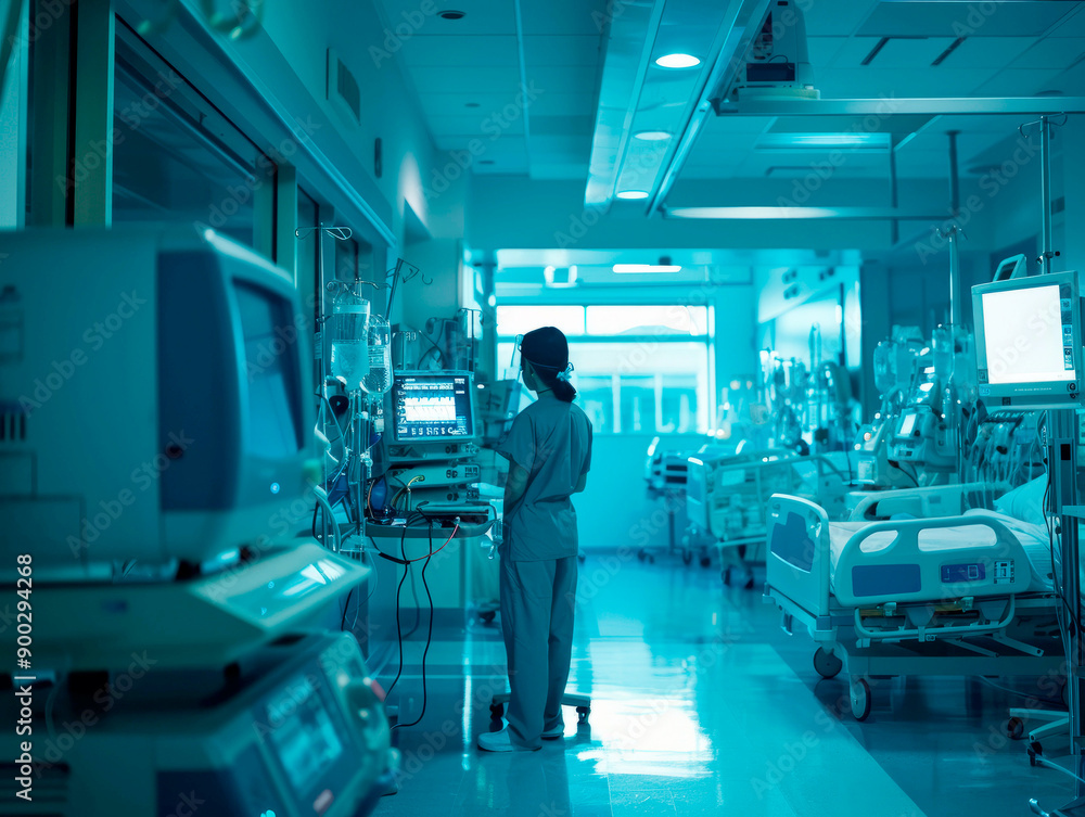 Nurse working in intensive care unit with medical monitors Nurse working in intensive care unit with medical monitors