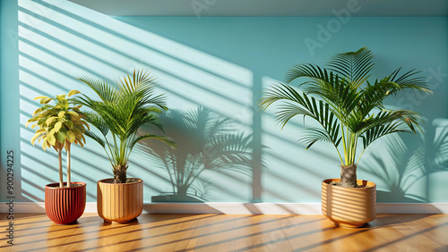 Three potted plants with shadows against a teal wall photo