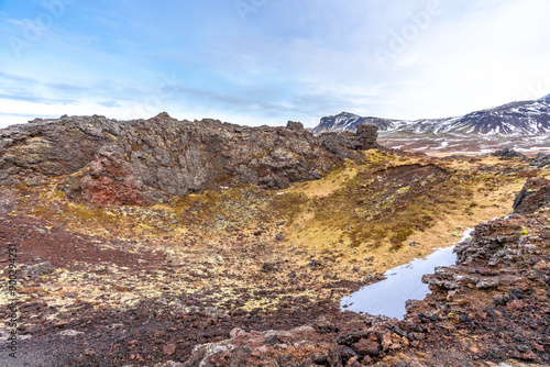 Beautiful landscape of Saxholl Crater volcano crater in winter in Iceland, Snaefellsnes Peninsula