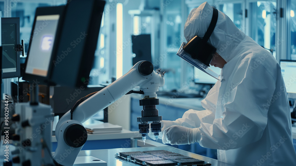 An AI-powered robotic arm assembling microchips under the supervision of a scientist in a cleanroom environment. An AI-powered robotic arm assembling microchips under the supervision of a scientist in a cleanroom environment.