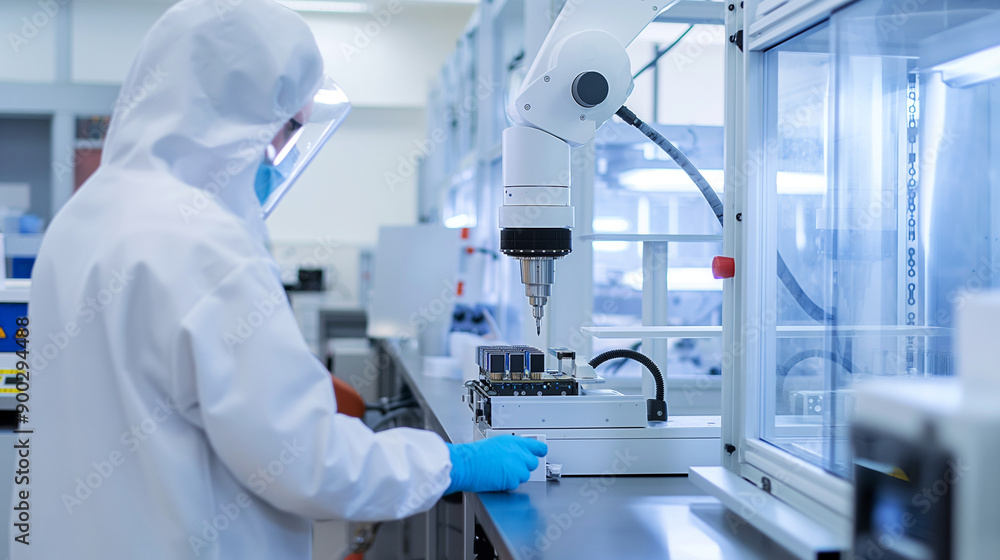 An AI-powered robotic arm assembling microchips under the supervision of a scientist in a cleanroom environment. An AI-powered robotic arm assembling microchips under the supervision of a scientist in a cleanroom environment.