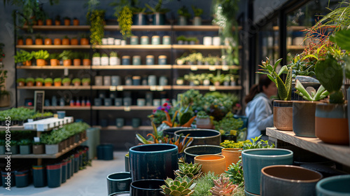 A modern garden center with a customer selecting plants, colorful pots and gardening tools on display.