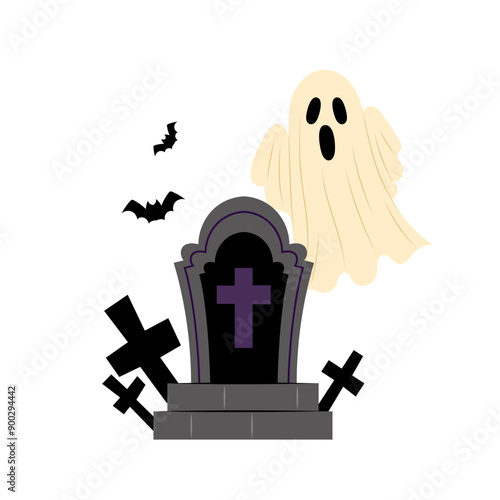 A stone tomb with a ghost and bats. Halloween. Cemetery. A cartoon ghost in a graveyard. Flat style illustration on white background.
