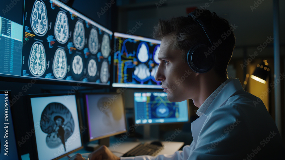 A neuroscientist using brain mapping technology to study neural activity, intricate brain scans on screens. A neuroscientist using brain mapping technology to study neural activity, intricate brain scans on screens.