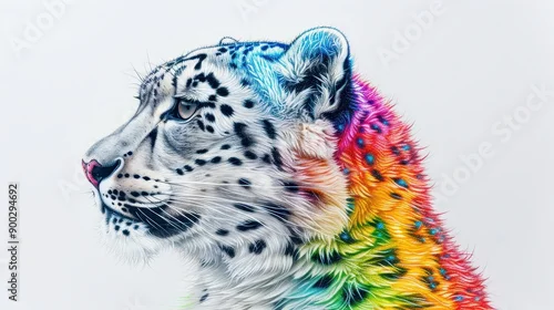 Obraz Vibrant Rainbow-Colored Snow Leopard Portrait on White Background