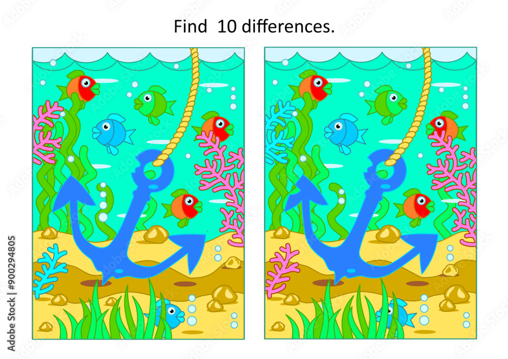 Difference game with anchor and underwater scene of sea life. Find 10 differences picture puzzle.
Difference game with anchor and underwater scene of sea life. Find 10 differences picture puzzle.