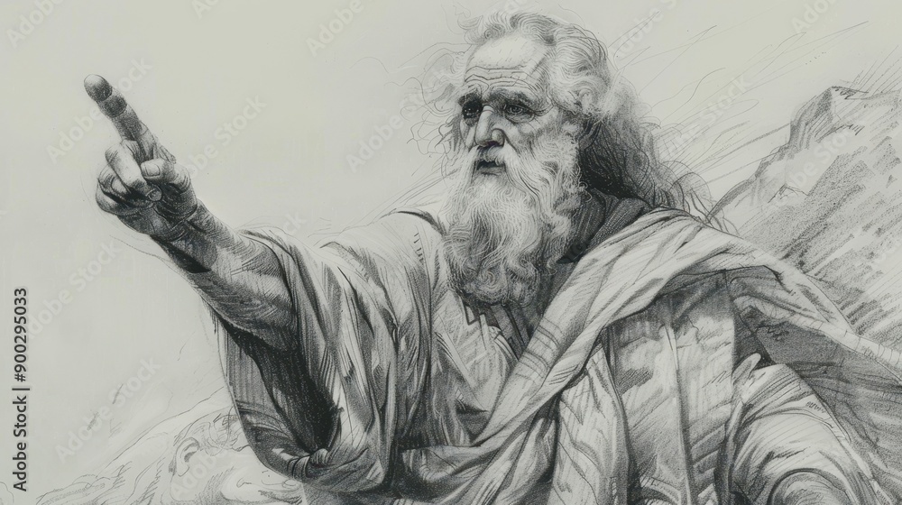 Fototapeta premium Moses teaching about returning lost property as an act of mercy, bold pencil sketch, minimalistic details, soft beige background, boho feel Biblical illustration for Exodus