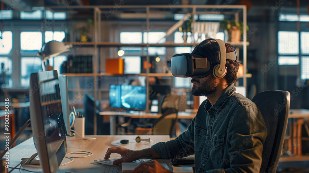 A modern office with employees collaborating through virtual reality meetings, instant data sharing, and remote workstations all powered by 5G A modern office with employees collaborating through virtual reality meetings, instant data sharing, and remote workstations all powered by 5G