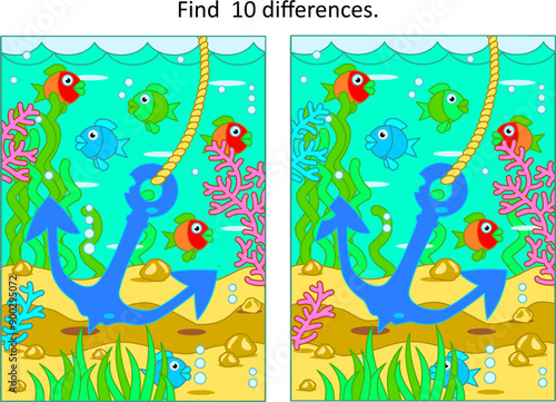 Difference game with anchor and underwater scene of sea life. Find 10 differences picture puzzle.
