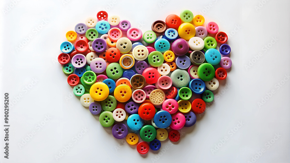 A close-up of colorful tiny plastic buttons arranged in a heart shape on a white background, serving as beautiful decorations with space for text A close-up of colorful tiny plastic buttons arranged in a heart shape on a white background, serving as beautiful decorations with space for text