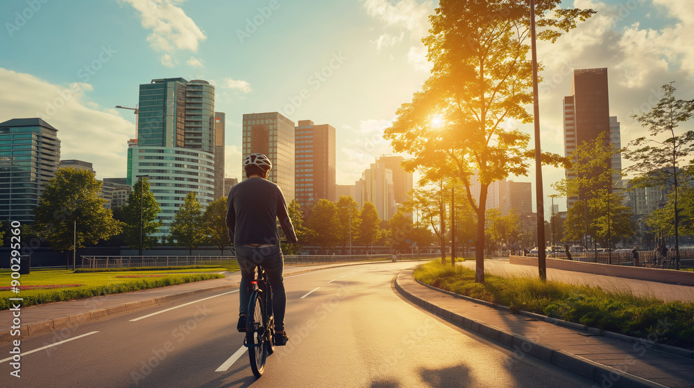 A cyclist on an electric bike riding through a cityscape with dedicated bike lanes and green parks in the background A cyclist on an electric bike riding through a cityscape with dedicated bike lanes and green parks in the background