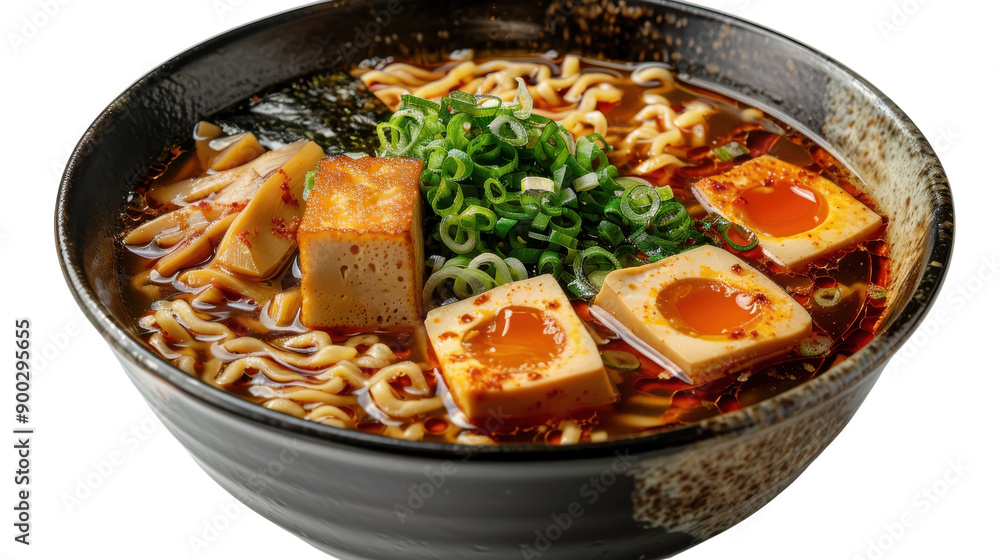 Savory Bowl of Traditional Ramen With Soft Boiled Eggs and Green Onions in a Japanese Restaurant Savory Bowl of Traditional Ramen With Soft Boiled Eggs and Green Onions in a Japanese Restaurant