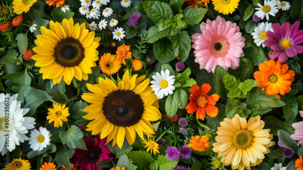 A colorful bouquet of flowers with a mix of sunflowers, daisies, summer flower backdrop A colorful bouquet of flowers with a mix of sunflowers, daisies, summer flower backdrop