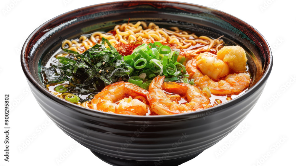 Delicious Ramen Bowl Overflowing With Shrimp, Noodles, and Fresh Green Toppings From a Japanese Restaurant Kitchen Delicious Ramen Bowl Overflowing With Shrimp, Noodles, and Fresh Green Toppings From a Japanese Restaurant Kitchen
