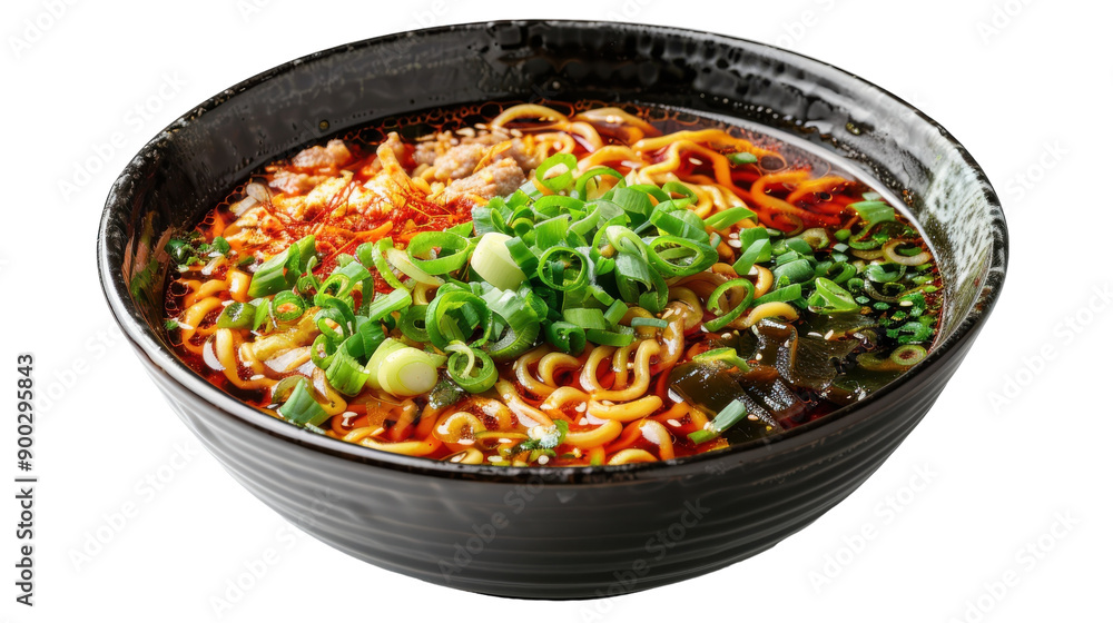 Delightful Bowl of Spicy Noodles Topped With Fresh Green Onions in a Cozy Kitchen Setting Delightful Bowl of Spicy Noodles Topped With Fresh Green Onions in a Cozy Kitchen Setting
