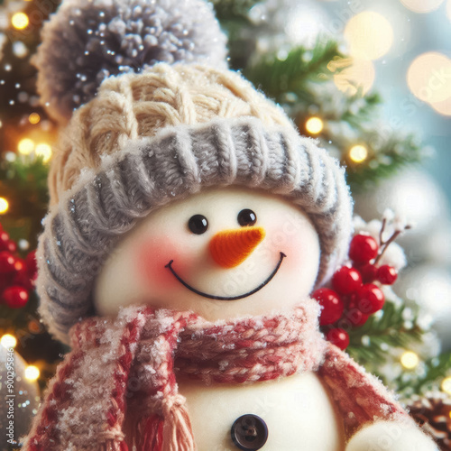 Closeup of cute funny laughing snowman with wool hat and scarf