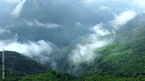 Aerial view of meghalaya cherrapunji mawsynram reserve Forest in india. The beautiful mountain of east khasi hills in meghalaya India.