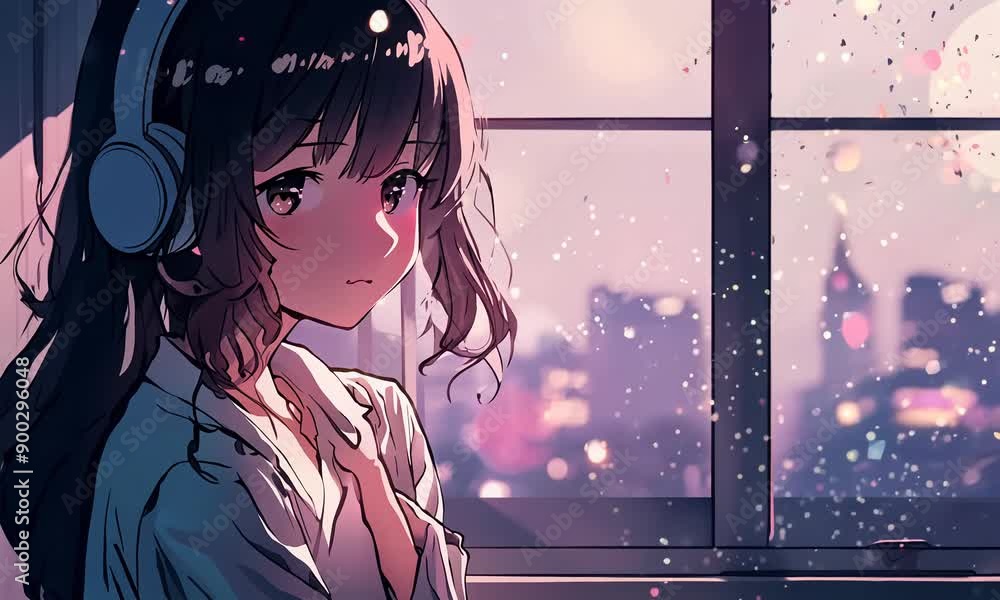 Captivating anime girl with headphones, set against serene blurry lights, creating a melancholic atmosphere in a lofi music video animation Captivating anime girl with headphones, set against serene blurry lights, creating a melancholic atmosphere in a lofi music video animation