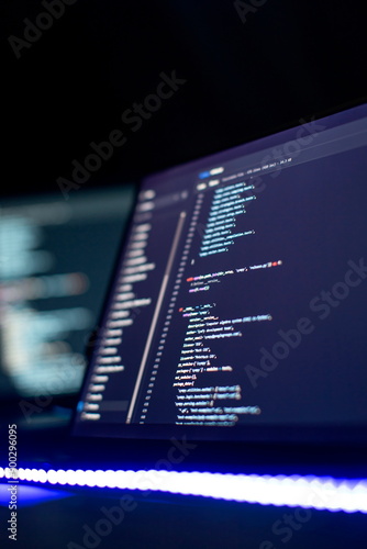 Obraz na płótnie Modern tech. PHP syntax highlighted. Writing programming functions on laptop. Big data and Internet of things trend w salonie