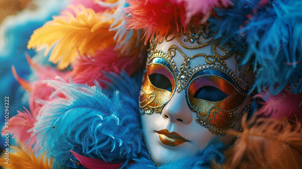 Obraz premium A classic Mardi Gras mask perched atop vibrant feathers