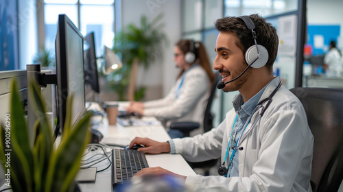 A telehealth call center with operators assisting patients in scheduling virtual appointments and answering health-related questions