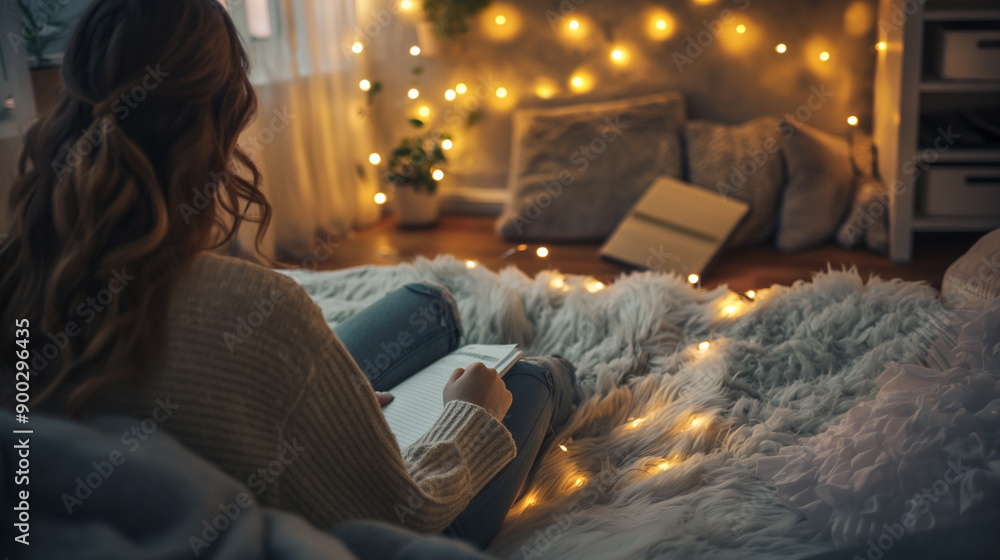 A photo of a peaceful bedroom with a person practicing gratitude journaling before sleep, with fairy lights and a comfortable atmosphere A photo of a peaceful bedroom with a person practicing gratitude journaling before sleep, with fairy lights and a comfortable atmosphere