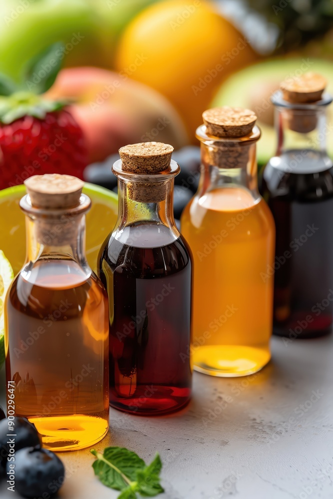 A collection of colorful glass bottles filled with different oils, surrounded by fresh fruits for a vibrant culinary scene. A collection of colorful glass bottles filled with different oils, surrounded by fresh fruits for a vibrant culinary scene.