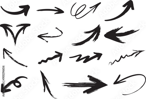 Grunge arrows set on white background. Brush arrows or pointers.Hand drawn paint object for use in designing poster, banner, flyer or websites.