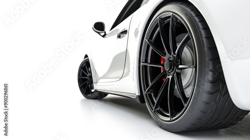 White car with black rims The car is on the right side of the picture, with a close-up of the wheel and bodywork. White background. Parked car with focus on the right rim and rear wheel.