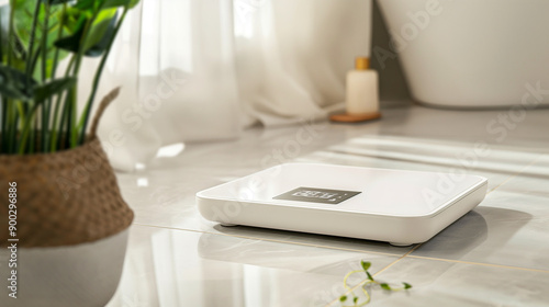 A photo of a smart scale displaying body composition metrics, placed on a stylish bathroom floor photo