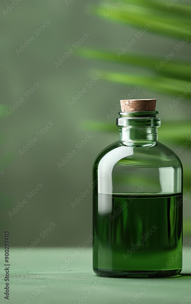 Elegant green bottle with cork, filled with oil, surrounded by soft greenery, perfect for wellness and natural product themes. Elegant green bottle with cork, filled with oil, surrounded by soft greenery, perfect for wellness and natural product themes.