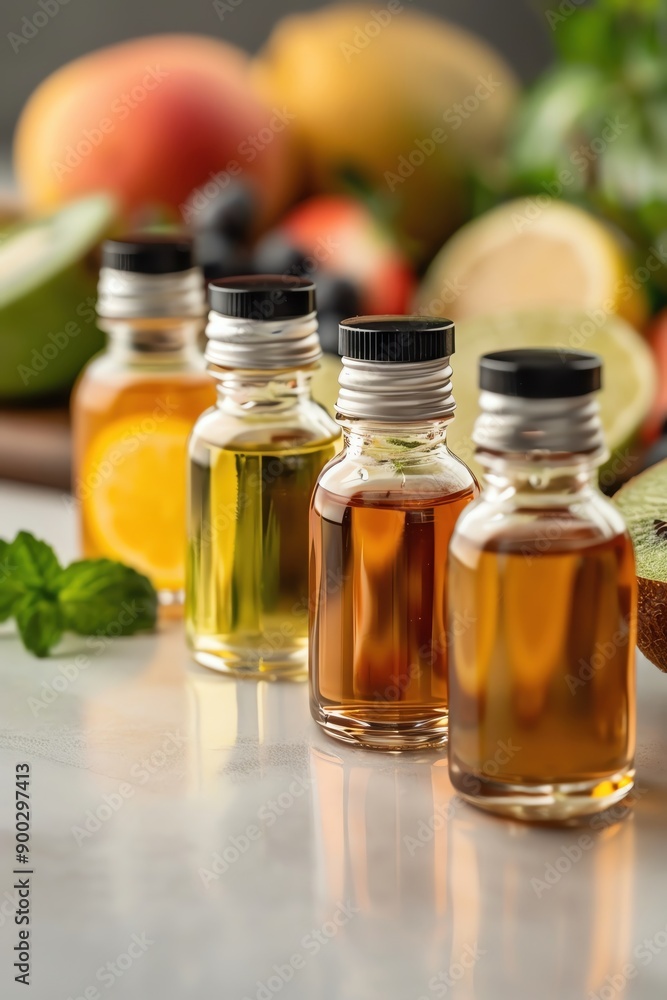 Four glass bottles filled with colorful oils stand out against a backdrop of fresh fruits and herbs, showcasing natural beauty. Four glass bottles filled with colorful oils stand out against a backdrop of fresh fruits and herbs, showcasing natural beauty.