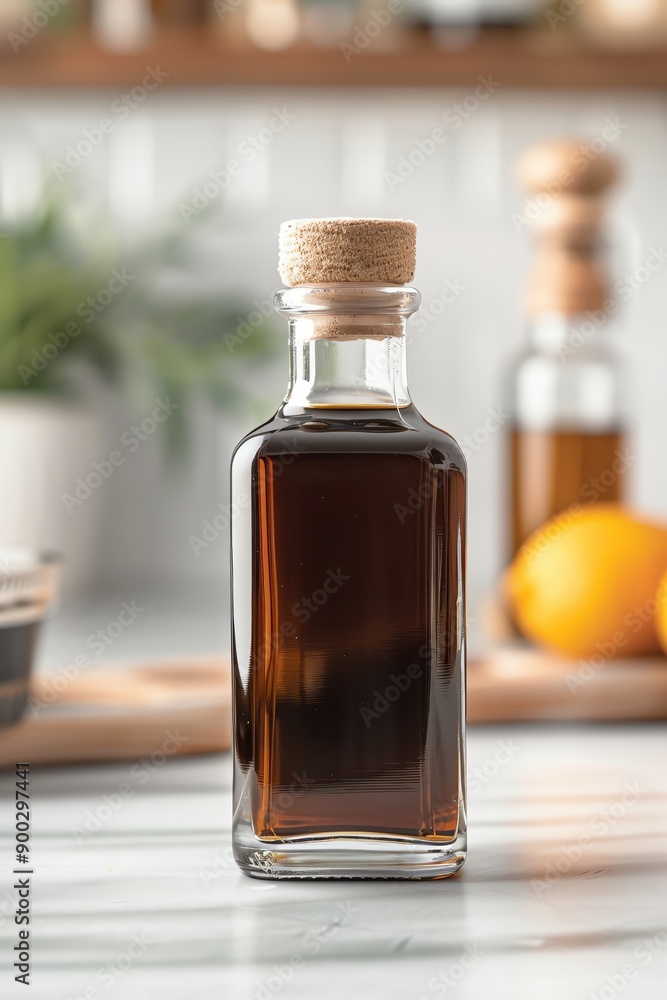 Glass bottle filled with dark liquid, ideal for cooking or baking. Perfect for recipes or food photography. Glass bottle filled with dark liquid, ideal for cooking or baking. Perfect for recipes or food photography.