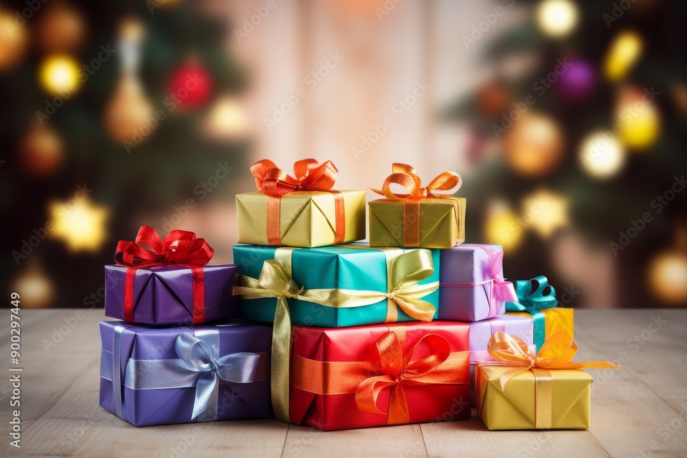 Colorful gift boxes stacked together with bows in a festive setting. Concept of celebration, gift giving, holiday joy. Banner for Christmas, New year Colorful gift boxes stacked together with bows in a festive setting. Concept of celebration, gift giving, holiday joy. Banner for Christmas, New year