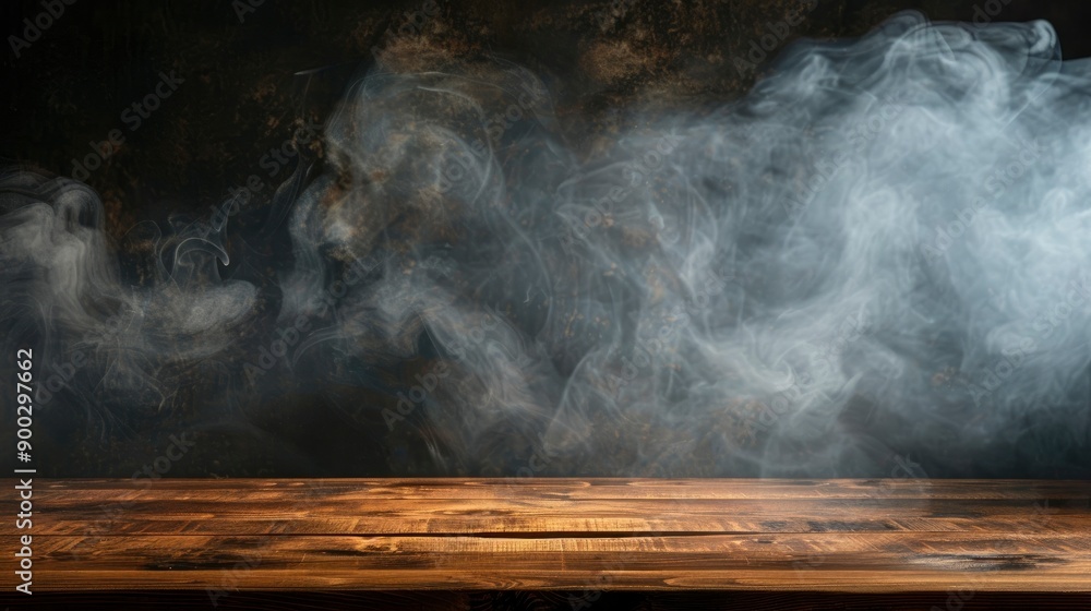 empty wooden table with smoke float up on dark background - generative ai empty wooden table with smoke float up on dark background - generative ai