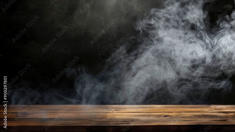 empty wooden table with smoke float up on dark background - generative ai empty wooden table with smoke float up on dark background - generative ai