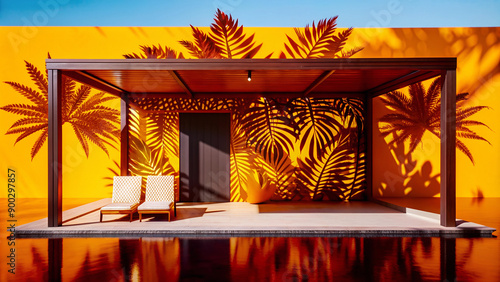 Patio with Two Lounge Chairs, Palm Tree Shadows, and Swimming Pool photo