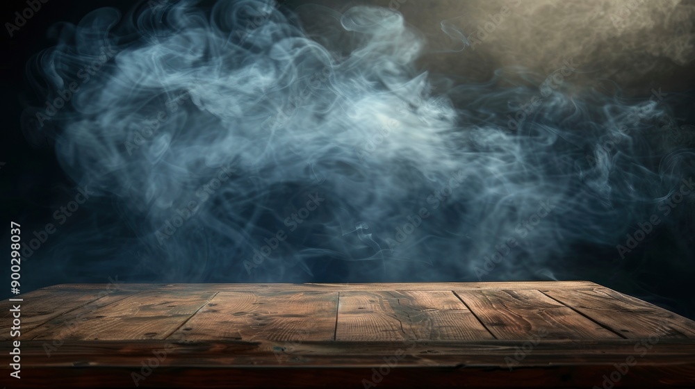 empty wooden table with smoke float up on dark background - generative ai empty wooden table with smoke float up on dark background - generative ai