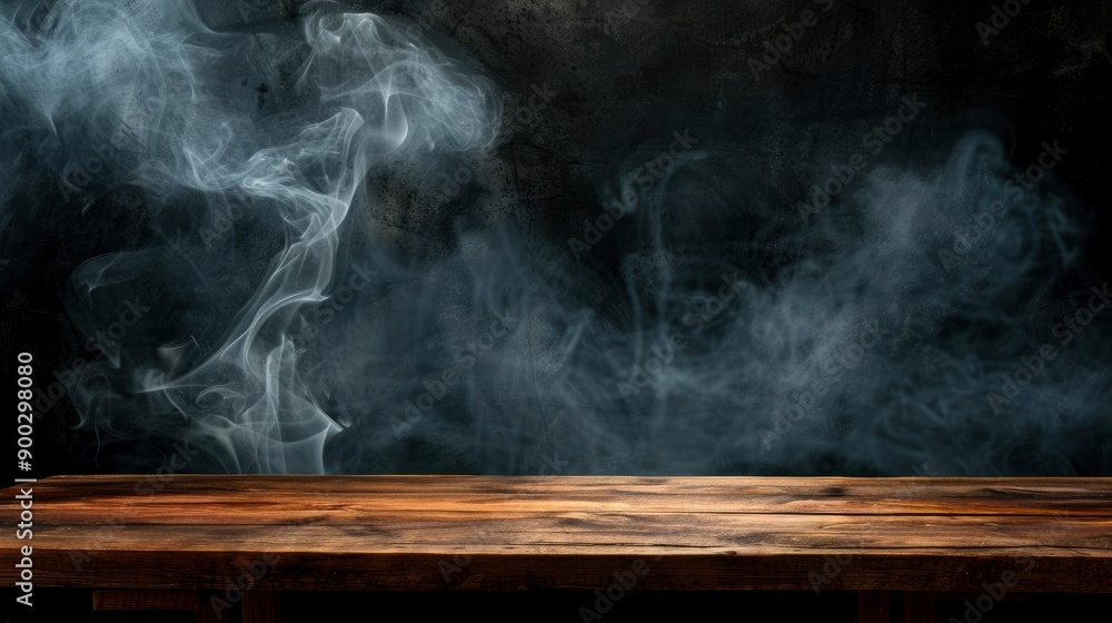 empty wooden table with smoke float up on dark background - generative ai empty wooden table with smoke float up on dark background - generative ai