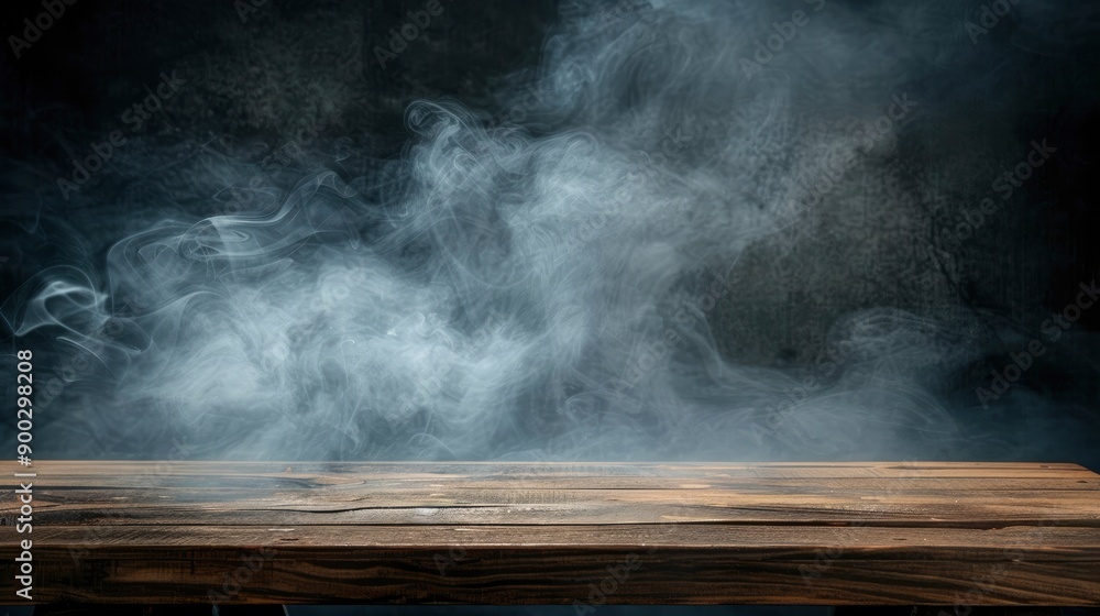 empty wooden table with smoke float up on dark background - generative ai empty wooden table with smoke float up on dark background - generative ai