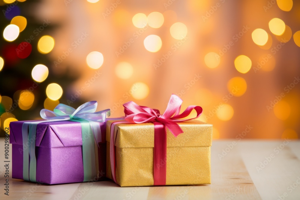 Two colorful gift boxes with ribbons in front of soft lights. Concept of celebration, joy, giving, holiday spirit. Banner for Christmas, New Year Two colorful gift boxes with ribbons in front of soft lights. Concept of celebration, joy, giving, holiday spirit. Banner for Christmas, New Year