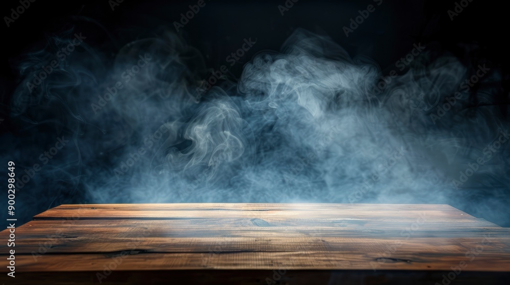empty wooden table with smoke float up on dark background - generative ai empty wooden table with smoke float up on dark background - generative ai