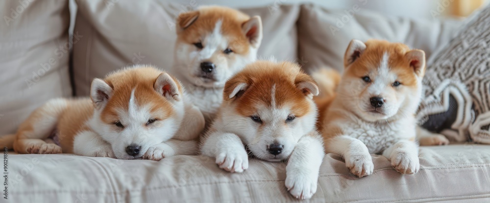 Funny akita inu puppies on sofa in living room Funny akita inu puppies on sofa in living room