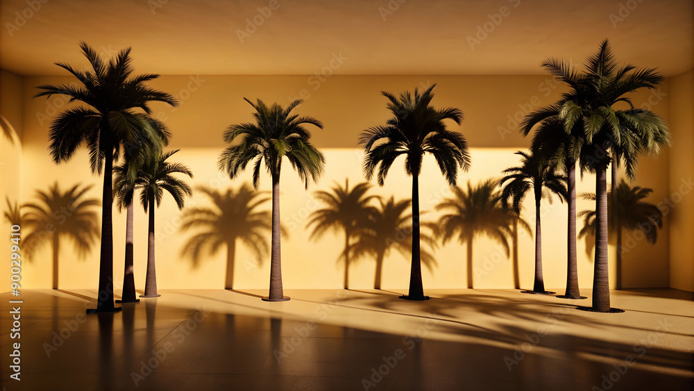 Obraz premium Palm Trees Casting Long Shadows Against a Yellow Wall