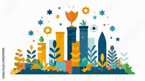 vector, illustration, Workplace motivation and successful progress neubrutalism tiny person concept. Career development and growth with inspiration, empowerment and determination vector illustration. 