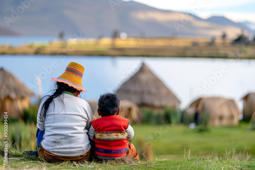 Mother and Child in Traditional Attire by Lake