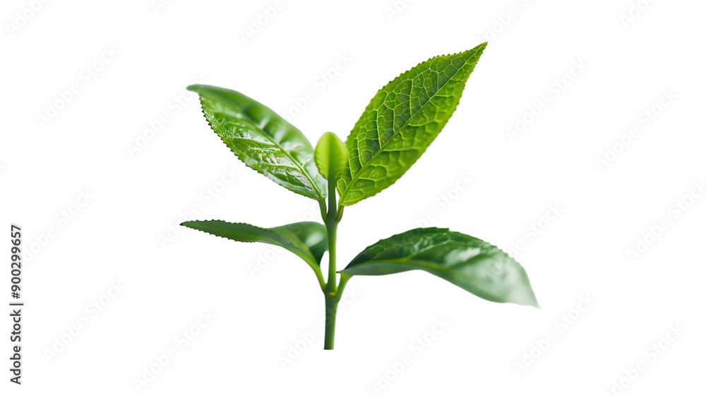 Freshly Sprouted Green Tea Leaves Illuminated in Natural Light Against a White Background Freshly Sprouted Green Tea Leaves Illuminated in Natural Light Against a White Background