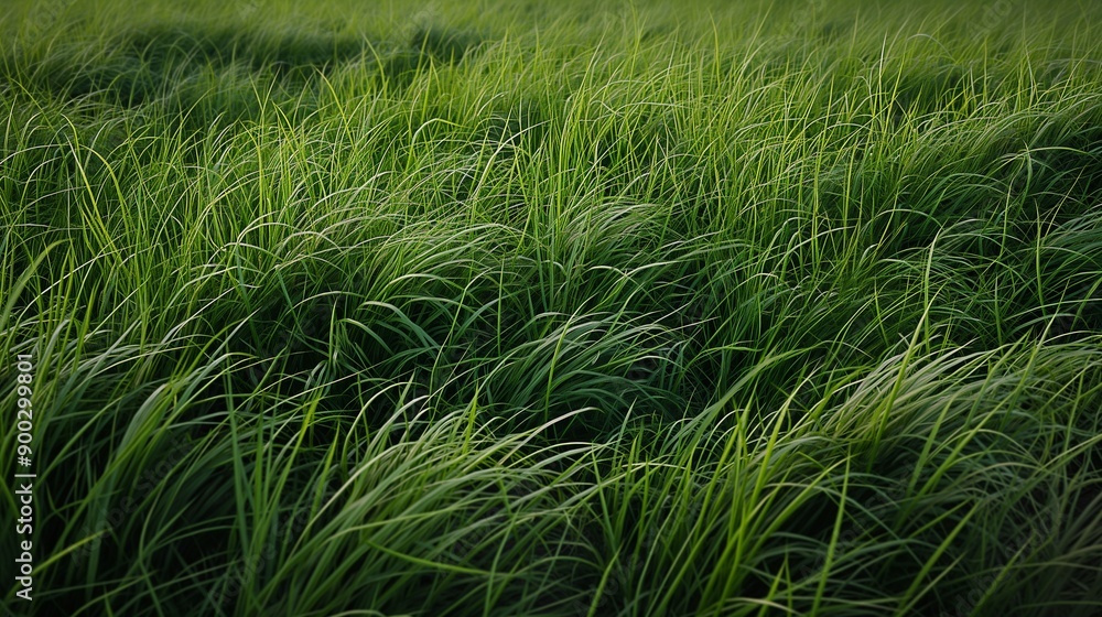 Fototapeta premium A lush, dense patch of tall grass waving gently in a soft breeze, showcasing various shades of green and the natural undulation of the field.